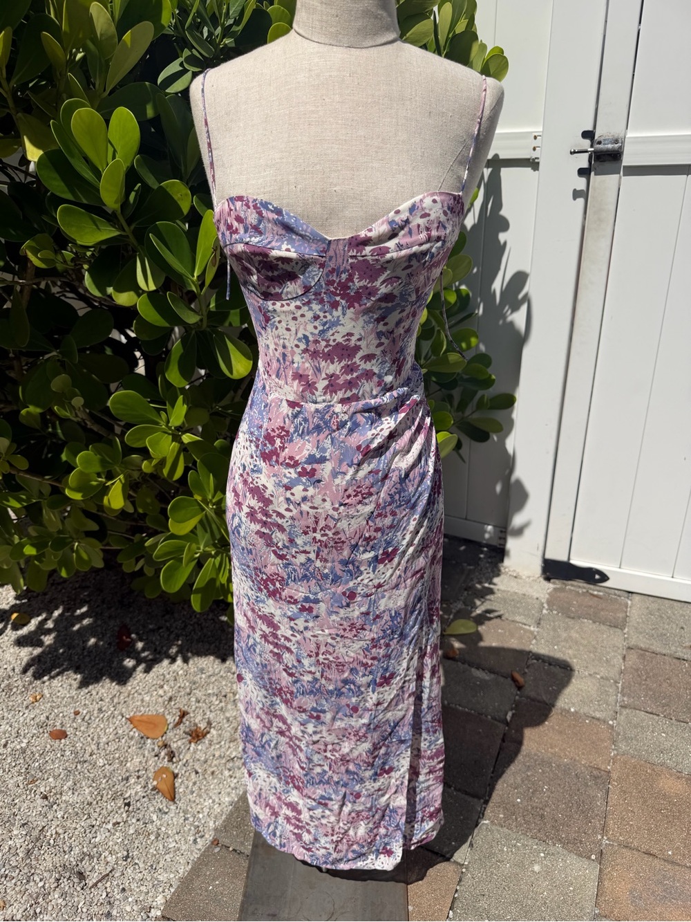 Reformation Floral Spaghetti-Strap Midi Dress in Lavender and Pink with slit